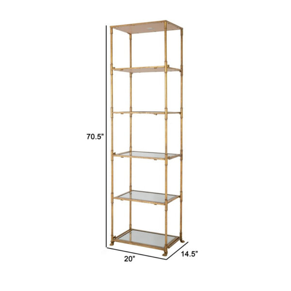 71 Inch Shelf, 6 Tier Design, 5 Glass Shelves, Iron Frame, Gold Finish