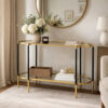 30 Inch Console Sideboard Table, Oblong, Mirrored Top, Black, Gold