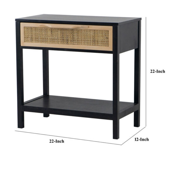 Rosette 22 Inch Side End Table, Natural Brown Rattan Front Drawer, Open Shelf, Black Mango Wood Frame