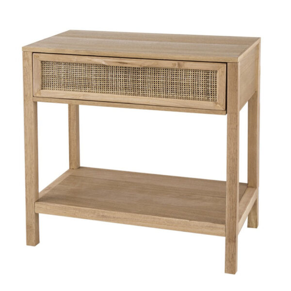 Rosette 22 Inch Accent Side Table, Rattan Front Drawer, Open Shelf, Natural Brown Mango Wood Frame