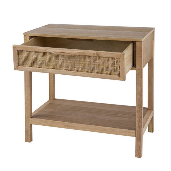 Rosette 22 Inch Accent Side Table, Rattan Front Drawer, Open Shelf, Natural Brown Mango Wood Frame