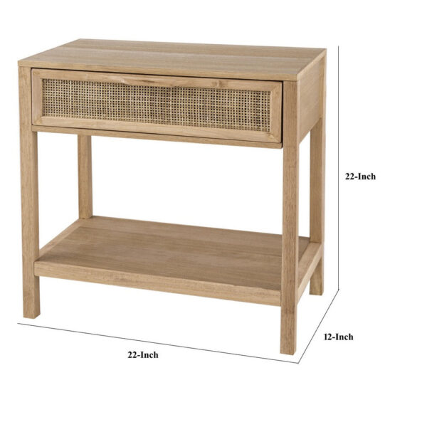 Rosette 22 Inch Accent Side Table, Rattan Front Drawer, Open Shelf, Natural Brown Mango Wood Frame