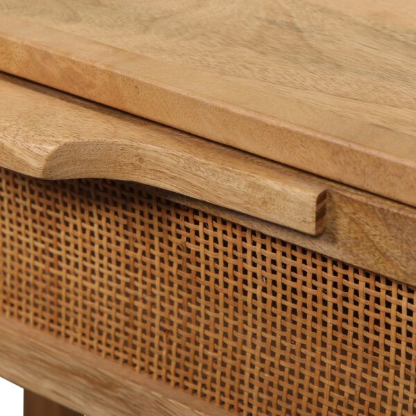 Rosette 22 Inch Accent Side Table, Rattan Front Drawer, Open Shelf, Natural Brown Mango Wood Frame