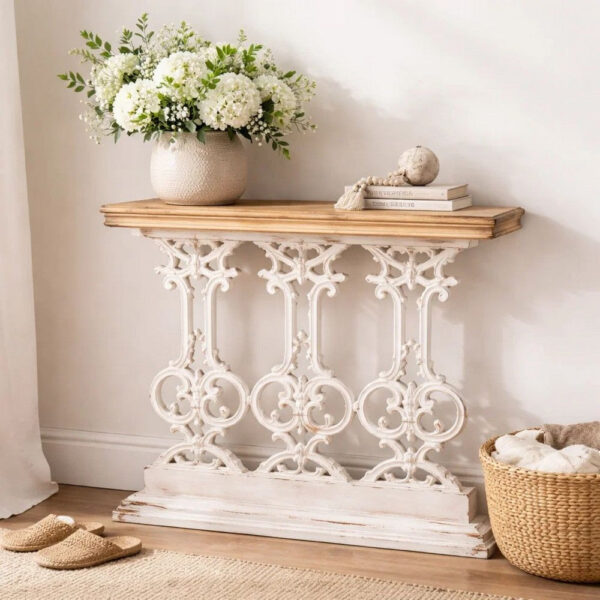32 Inch Console Table, Fir Wood, Traditional, Scrollwork, Antique White