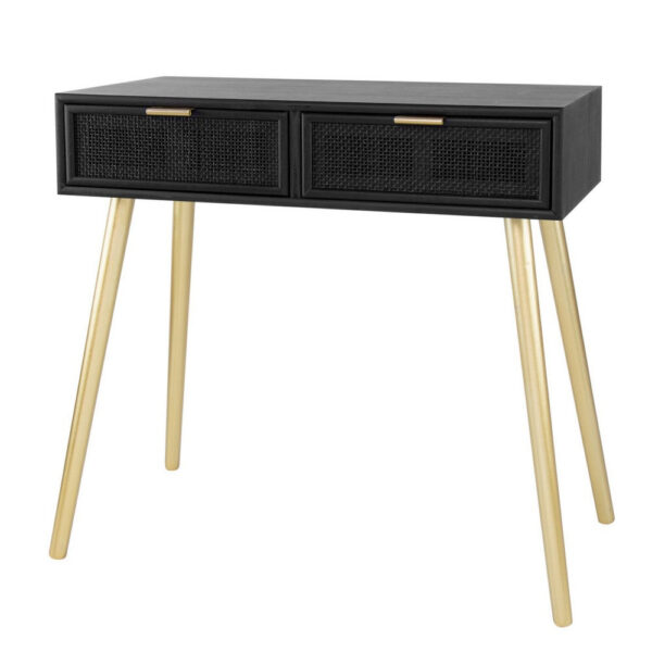 Pia 32 Inch Wood Console Table, 2 Drawers, Woven Rattan Design, Black, Gold