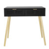 Pia 32 Inch Wood Console Table, 2 Drawers, Woven Rattan Design, Black, Gold