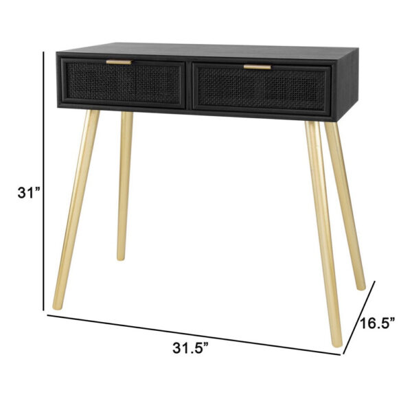 Pia 32 Inch Wood Console Table, 2 Drawers, Woven Rattan Design, Black, Gold