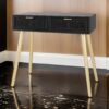 Pia 32 Inch Wood Console Table, 2 Drawers, Woven Rattan Design, Black, Gold