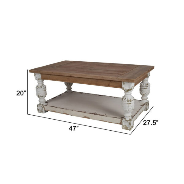 47 Inch Classic Coffee Table, Rectangular, Carved Leg, Bottom Shelf, Brown