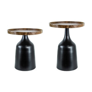 20, 17 Inch Side Table, Acacia Wood, Flared Pedestal Base, Aluminum, Black
