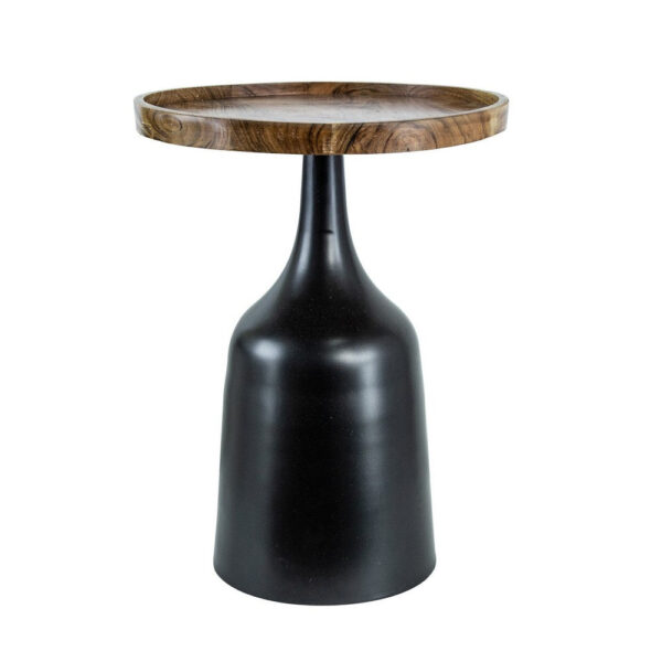 1502202669918879bae7d.jpeg 20, 17 Inch Side Table, Acacia Wood, Flared Pedestal Base, Aluminum, Black