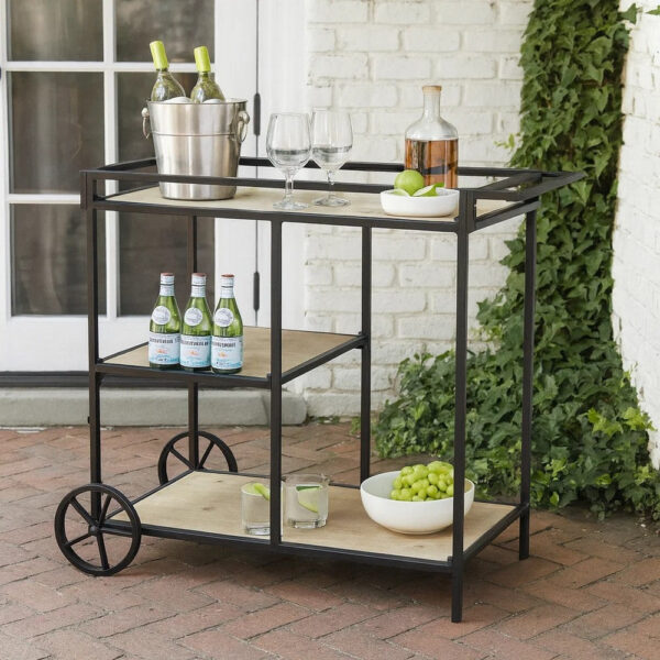 32 Inch Bar Cart, 3 Tiers, Fir Wood Shelves, Iron Frame, Black, Brown