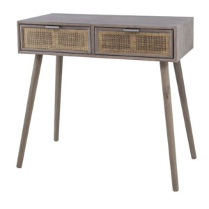 Pia 31 Inch Console Table, Pine Wood, 2 Drawer, Woven Rattan, Rustic Brown