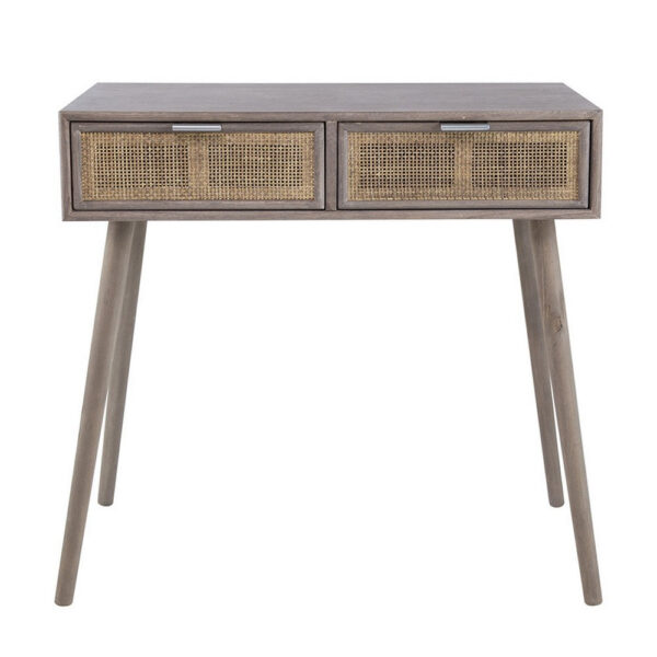 Pia 31 Inch Console Table, Pine Wood, 2 Drawer, Woven Rattan, Rustic Brown