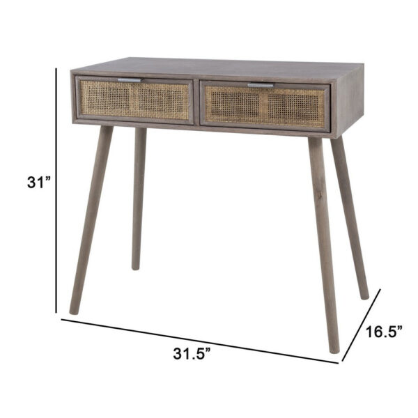 Pia 31 Inch Console Table, Pine Wood, 2 Drawer, Woven Rattan, Rustic Brown