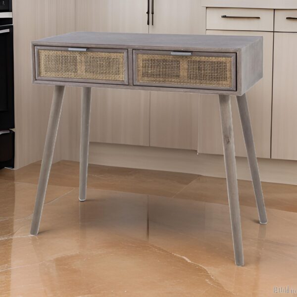Pia 31 Inch Console Table, Pine Wood, 2 Drawer, Woven Rattan, Rustic Brown