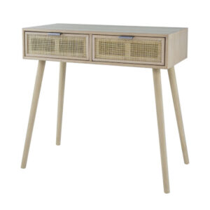 Pia 32 Inch Wood Console Table, 2 Drawers, Woven Rattan, Natural Brown