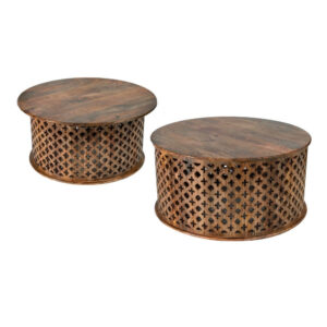 35, 34 Inch Coffee Table Set of 2, Mango Wood Lattice Design, Brown
