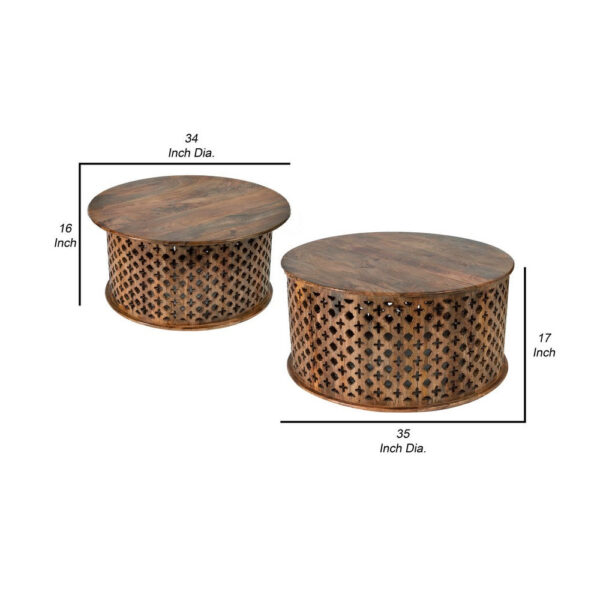 150220266991894058e1e.jpeg 35, 34 Inch Coffee Table Set of 2, Mango Wood Lattice Design, Brown