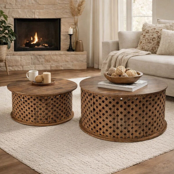 150220266991894310a54.jpeg 35, 34 Inch Coffee Table Set of 2, Mango Wood Lattice Design, Brown