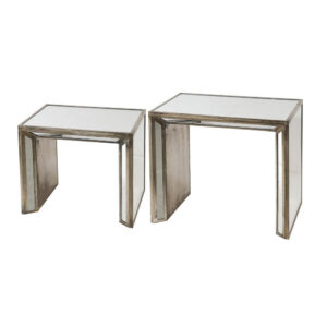 27, 21 Inch Nesting Side Table Set of 2, Mirrored Wood Frame, Silver