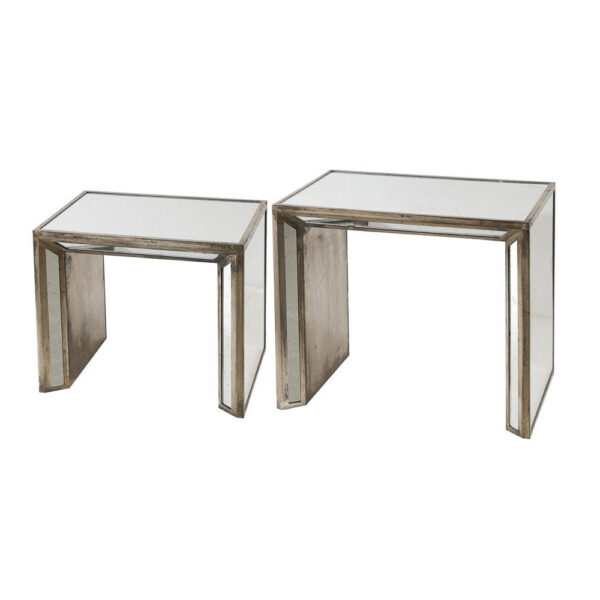 27, 21 Inch Nesting Side Table Set of 2, Mirrored Wood Frame, Silver