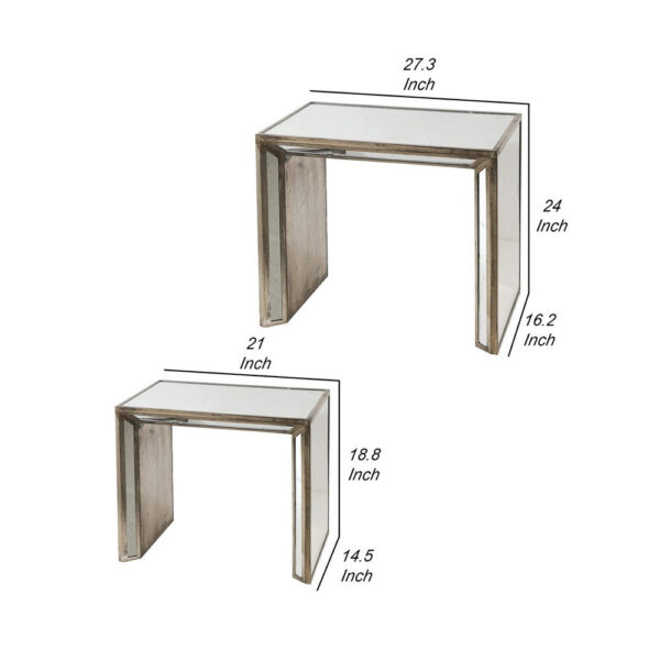 27, 21 Inch Nesting Side Table Set of 2, Mirrored Wood Frame, Silver