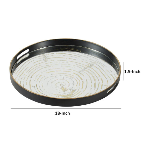 18 Inch Decorative Tray, Round Black Wood Frame, Mirrored Bottom
