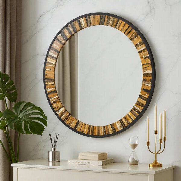 32 Inch Accent Wall Mirror, Round Metal Frame with Agate Inspired Pattern