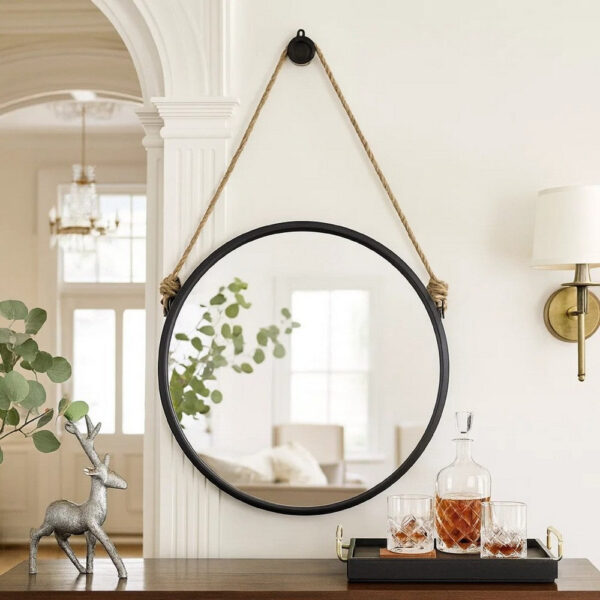 30 Inch Accent Wall Mirror with Rope Hanger and Round Black Metal Frame