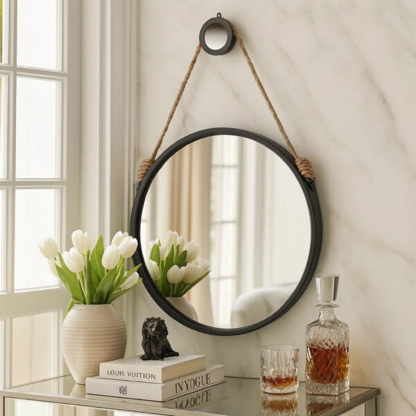 30 Inch Accent Wall Mirror with Rope Hanger and Round Black Metal Frame