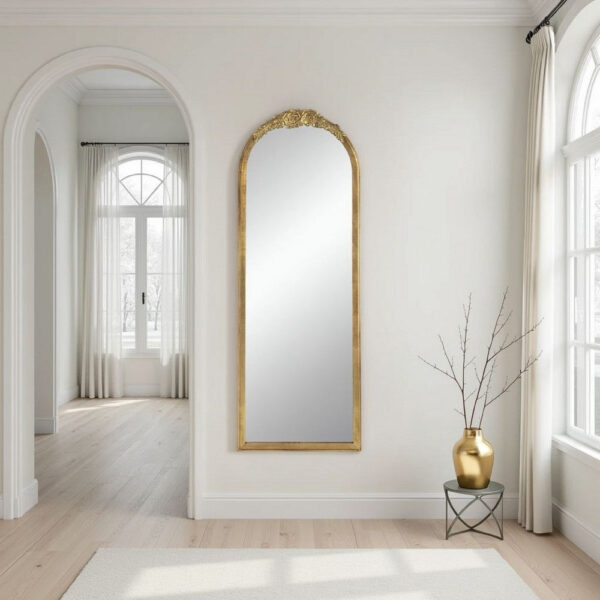 56 Inch Tall Arched Floor Mirror, Antique Floral Design, Gold