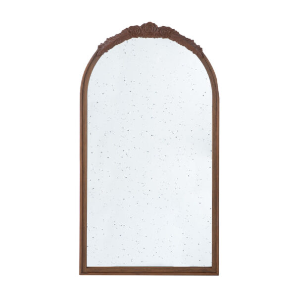 Eel 42 Inch Wall Mirror, Brown Arched Wood Frame, Hand Carved Rose Accent