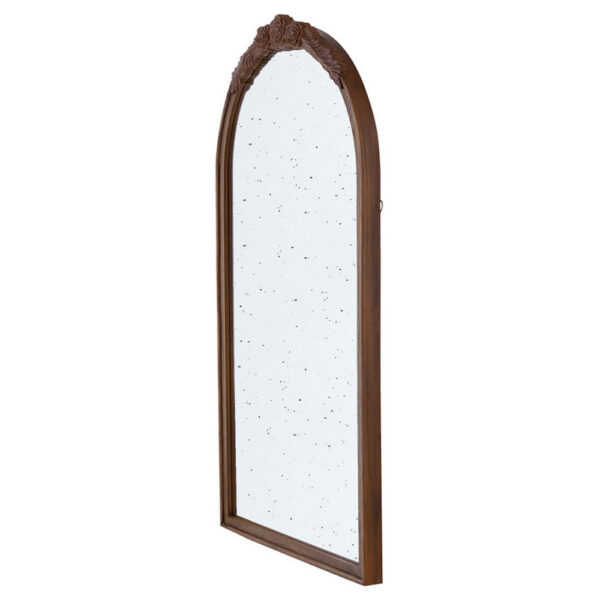 Eel 42 Inch Wall Mirror, Brown Arched Wood Frame, Hand Carved Rose Accent