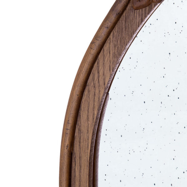 Eel 42 Inch Wall Mirror, Brown Arched Wood Frame, Hand Carved Rose Accent