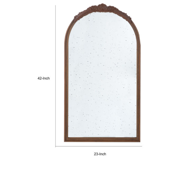 Eel 42 Inch Wall Mirror, Brown Arched Wood Frame, Hand Carved Rose Accent