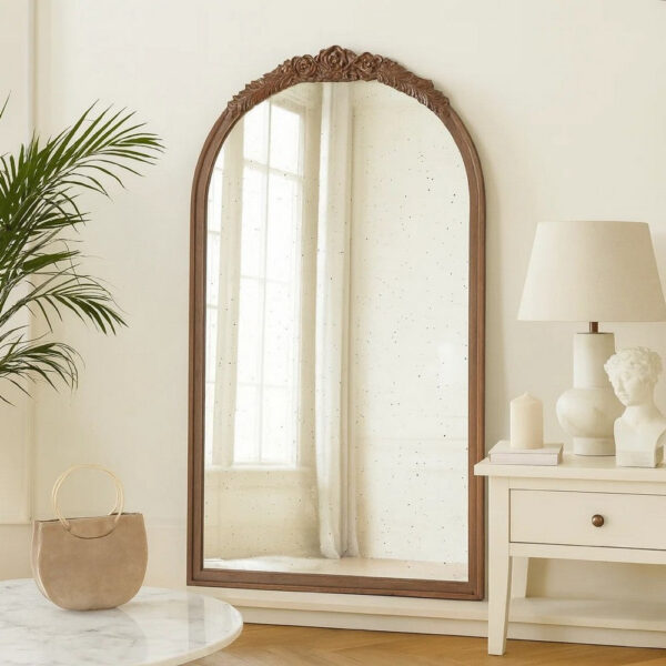 Eel 42 Inch Wall Mirror, Brown Arched Wood Frame, Hand Carved Rose Accent