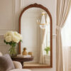 Eel 42 Inch Wall Mirror, Brown Arched Wood Frame, Hand Carved Rose Accent