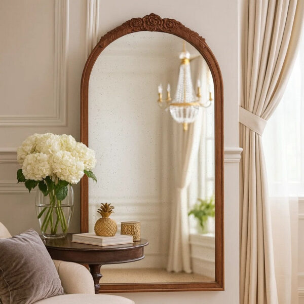 Eel 42 Inch Wall Mirror, Brown Arched Wood Frame, Hand Carved Rose Accent