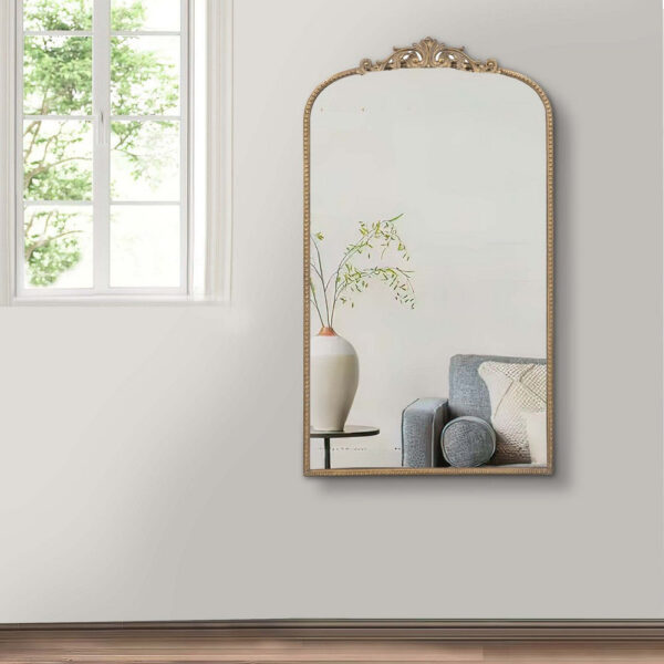 Kea 42 Inch Large Wall Mirror, Gold Curved Metal Frame, Baroque Design