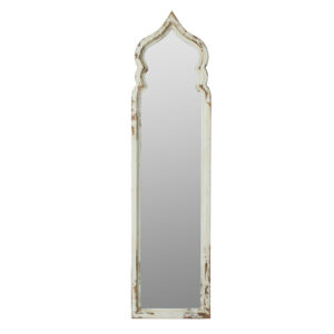73 Inch Floor Mirror with Ornate Sculpted Top, Fir Wood, Weathered White