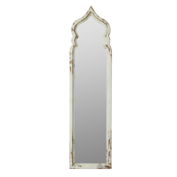73 Inch Floor Mirror with Ornate Sculpted Top, Fir Wood, Weathered White