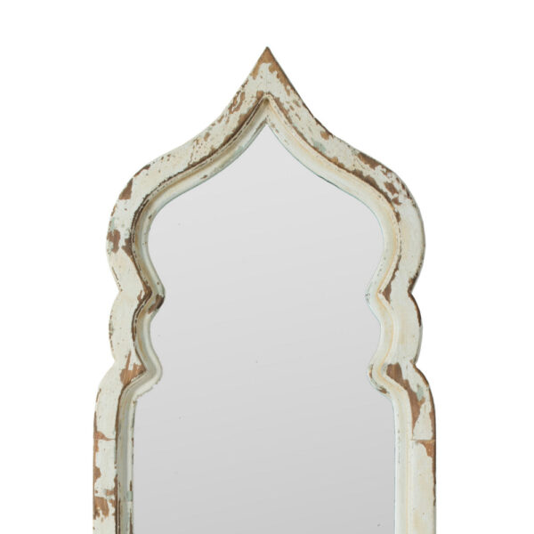 73 Inch Floor Mirror with Ornate Sculpted Top, Fir Wood, Weathered White