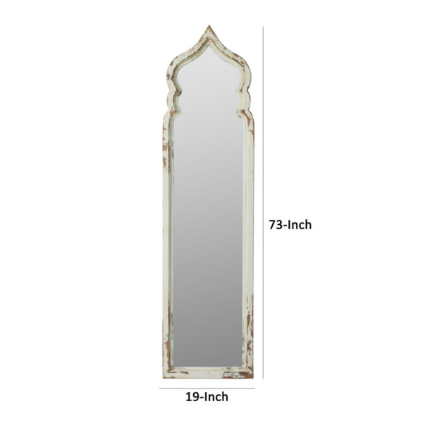 73 Inch Floor Mirror with Ornate Sculpted Top, Fir Wood, Weathered White