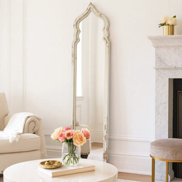 73 Inch Floor Mirror with Ornate Sculpted Top, Fir Wood, Weathered White