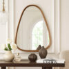 Roe 37 Inch Accent Wall Mirror, Brown Curved Pine Wood Frame, Minimalistic