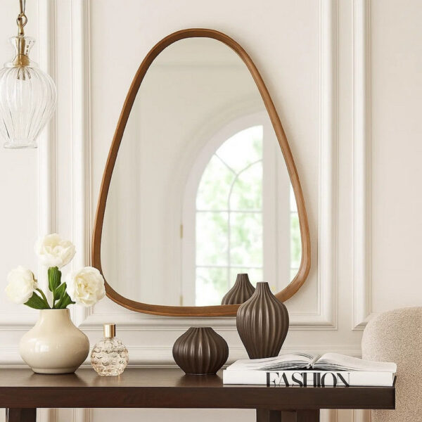 Roe 37 Inch Accent Wall Mirror, Brown Curved Pine Wood Frame, Minimalistic