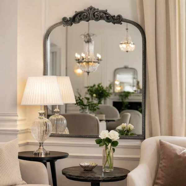 1502202669918ab433f56.jpeg Kea 36 Inch Wall Mirror, Black Curved Metal Frame, Baroque Accent Design