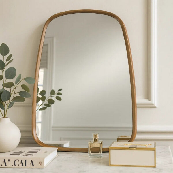 Roe 27 Inch Wall Mirror, Brown Curved Pine Wood Frame, Minimalistic