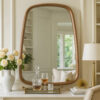 Roe 27 Inch Wall Mirror, Brown Curved Pine Wood Frame, Minimalistic